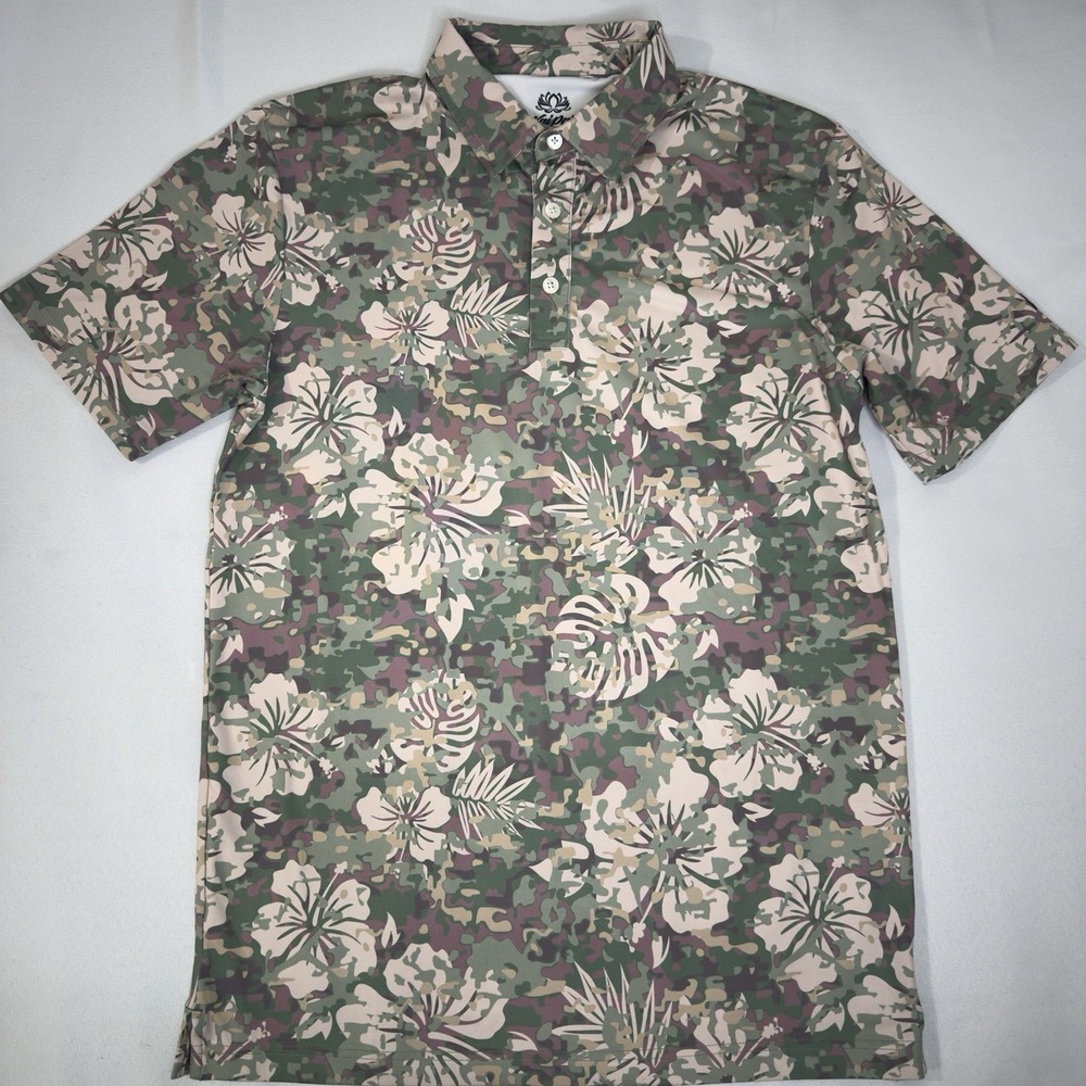 Kaipar Men M Golf Polo Green Maui Camo Floral Hawaiian Performance Hibiscus